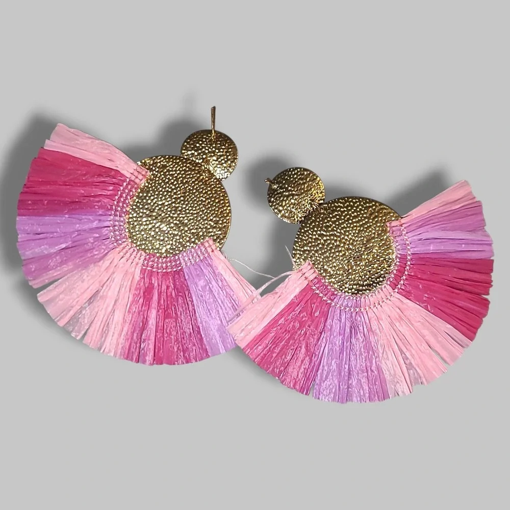 Pink Raffia Gold Tone‎ Hammered Metal Fan Tassel Statement Earrings